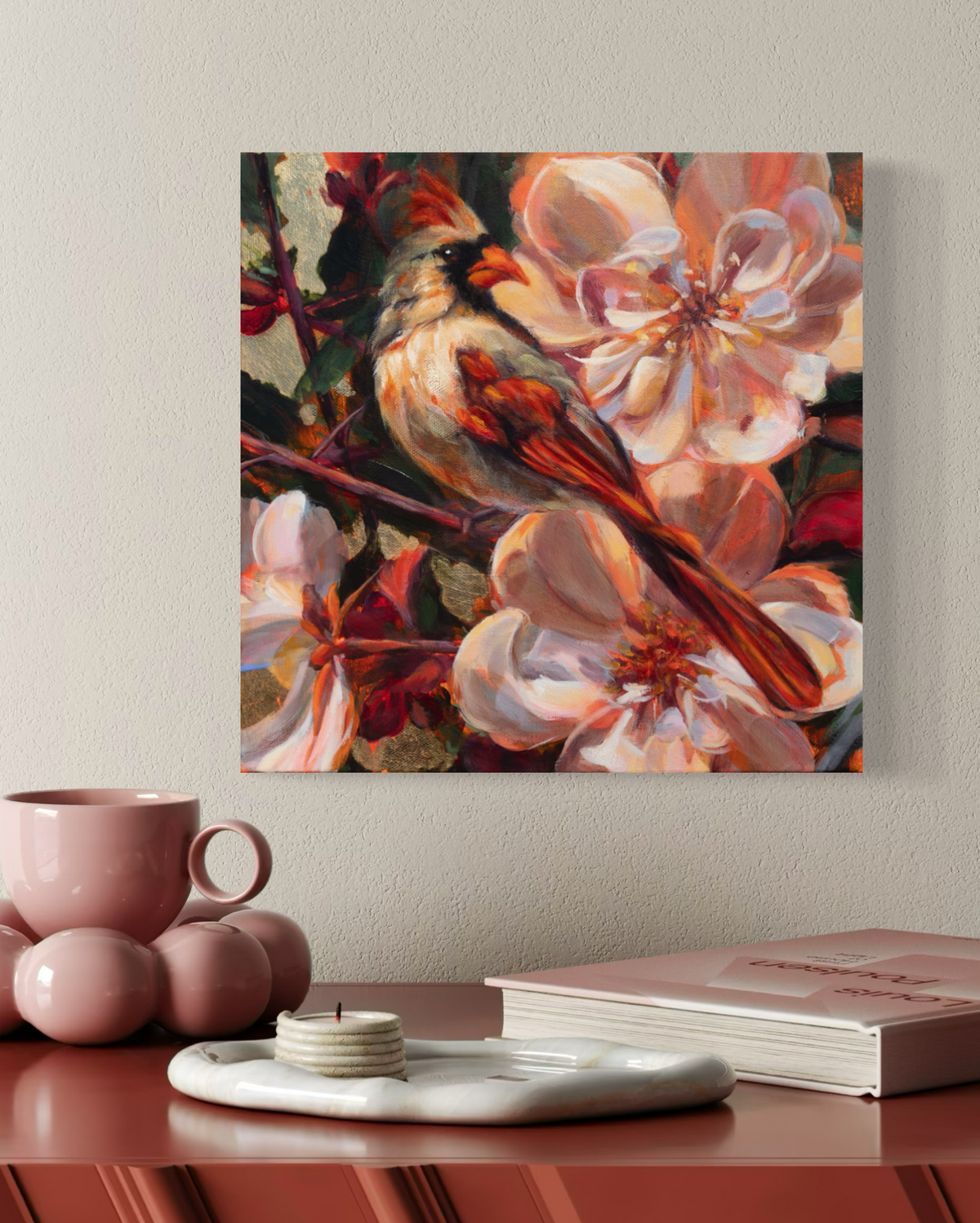 Original oil painting of a female northern cardinal among flowers by Alexiss Malolo, titled A Hint of Scarlet.