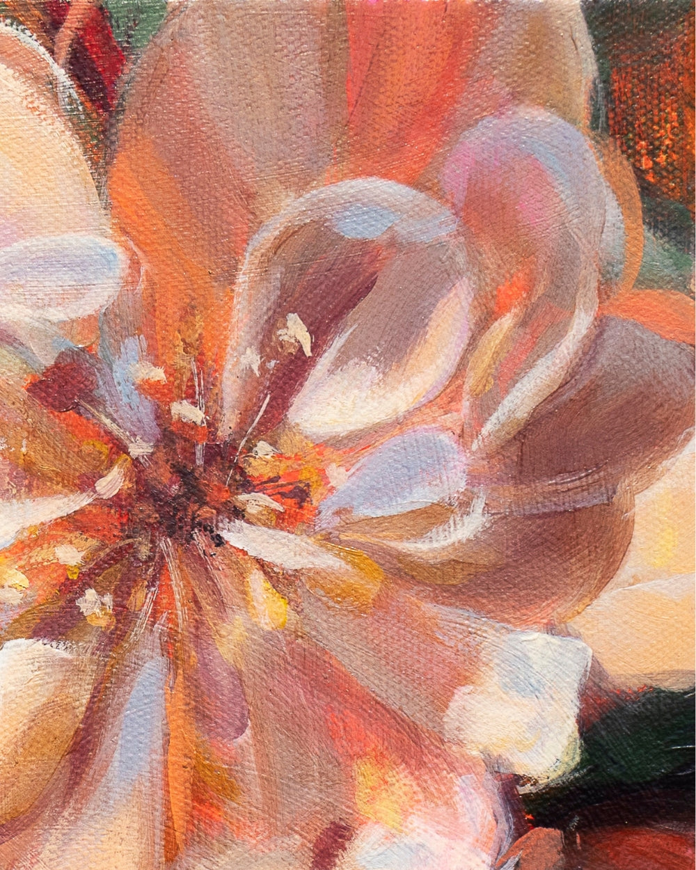 Close-up oil painting of a flower with soft peach, pink, cream, orange, and brown brushstrokes, filling the frame.