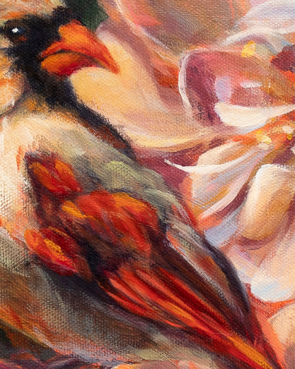 Closeup of a Northern Female Cardinal Oil Painting by Alexiss Malolo titled A Hint of Scarlet