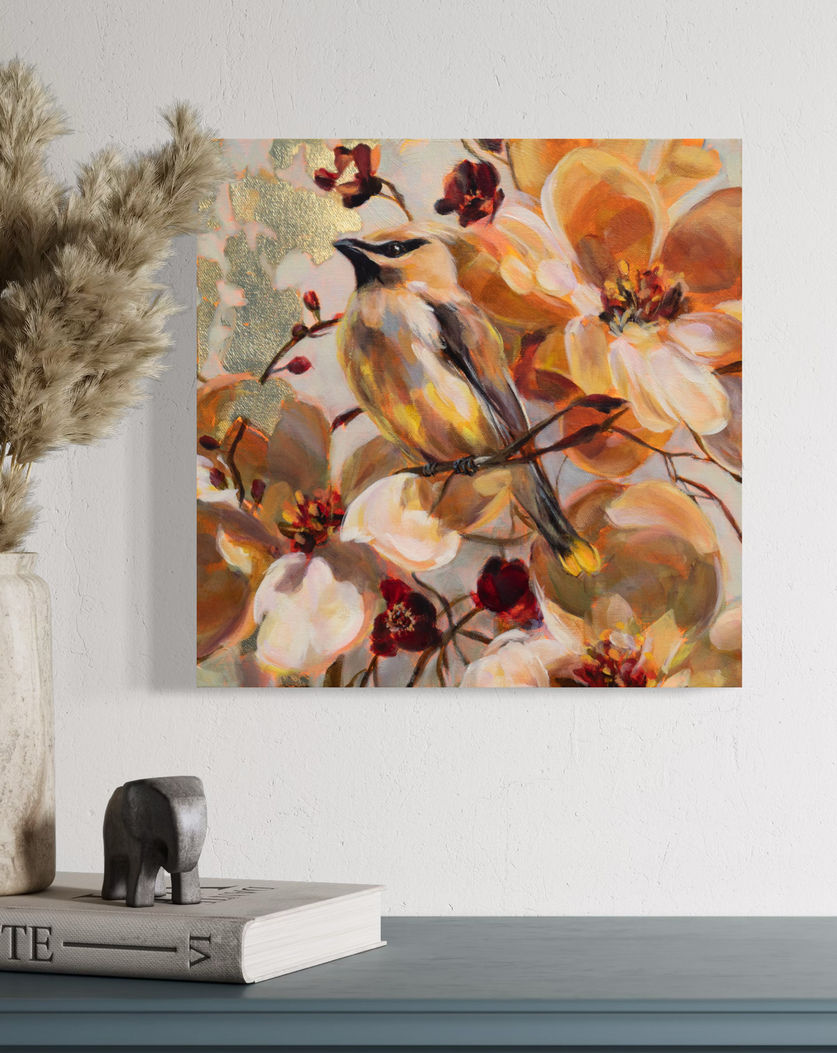 Original oil painting of a cedar waxwing among flower by Alexiss Malolo, titled A Passing Fancy.