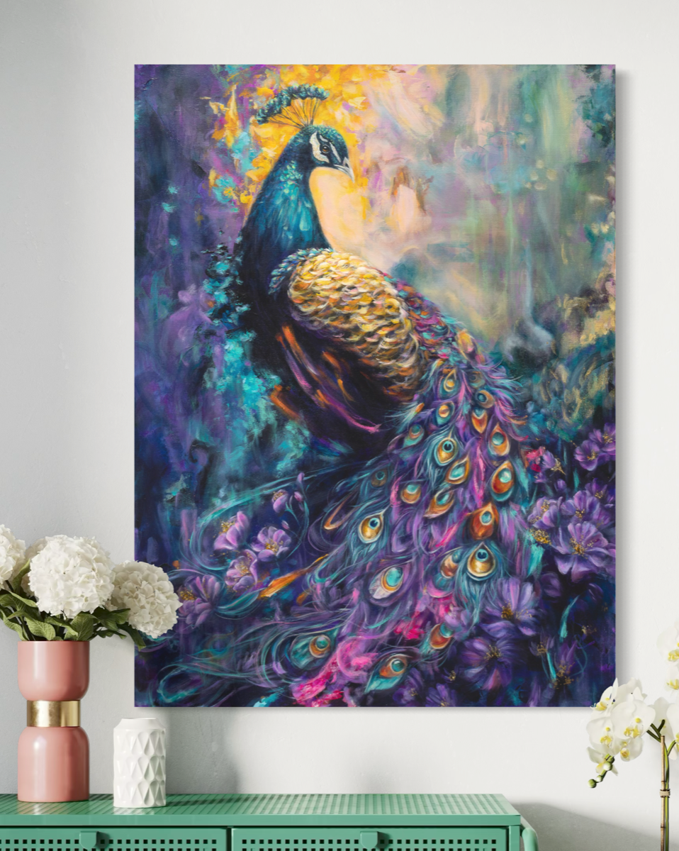 Colorful painting of a peacock on a wall above a green console table with decorative items.