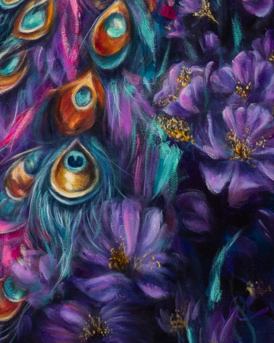 Colorful painting of peacock feathers and purple flowers