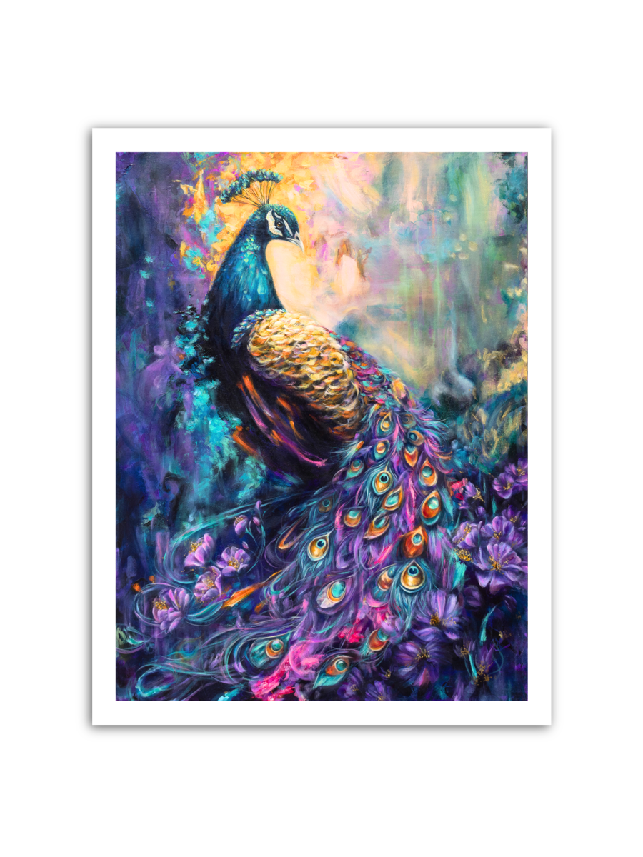 Colorful painting of a peacock in a floral setting