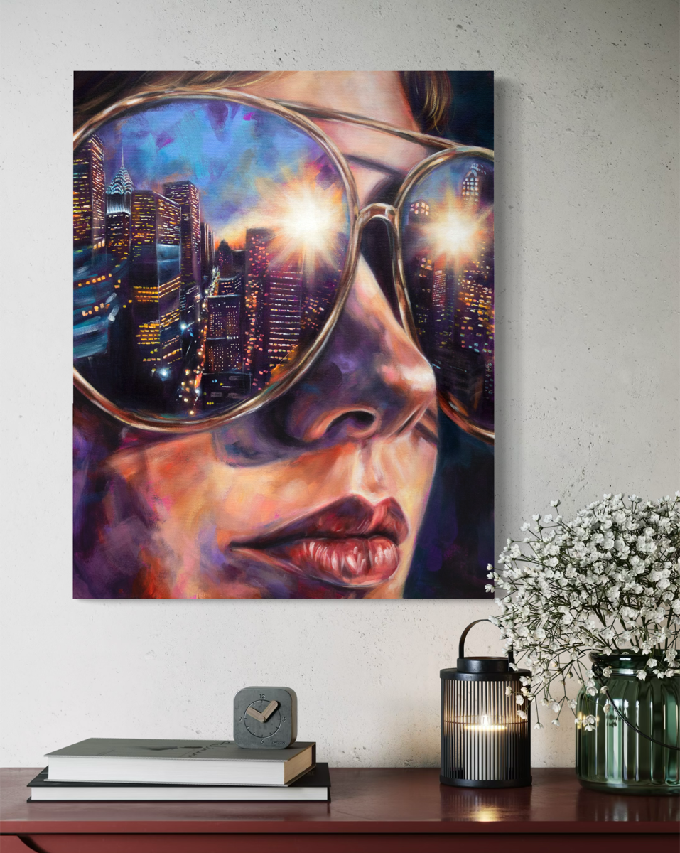 Painting by contemporary artist Alexiss Malolo. Painting is of a woman wearing sunglasses with the city reflected.