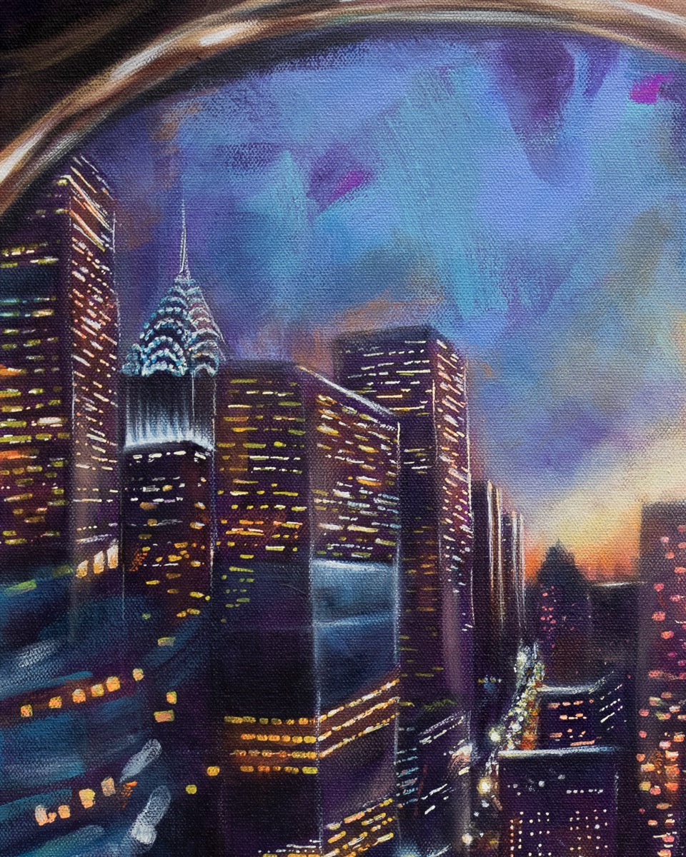 Painting by contemporary artist Alexiss Malolo. Painting is of a woman wearing sunglasses with the city reflected.