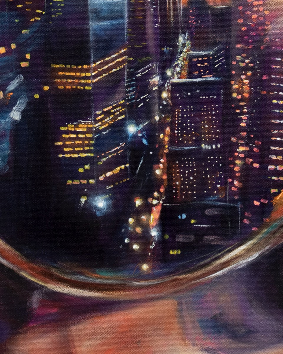 Painting by contemporary artist Alexiss Malolo. Painting is of a woman wearing sunglasses with the city reflected.
