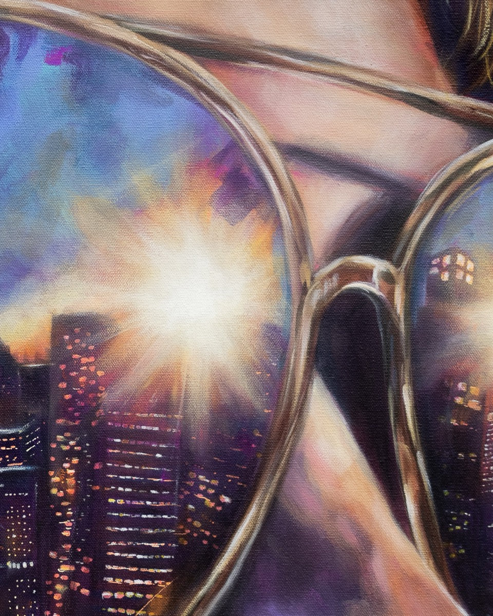 Painting by contemporary artist Alexiss Malolo. Painting is of a woman wearing sunglasses with the city reflected.
