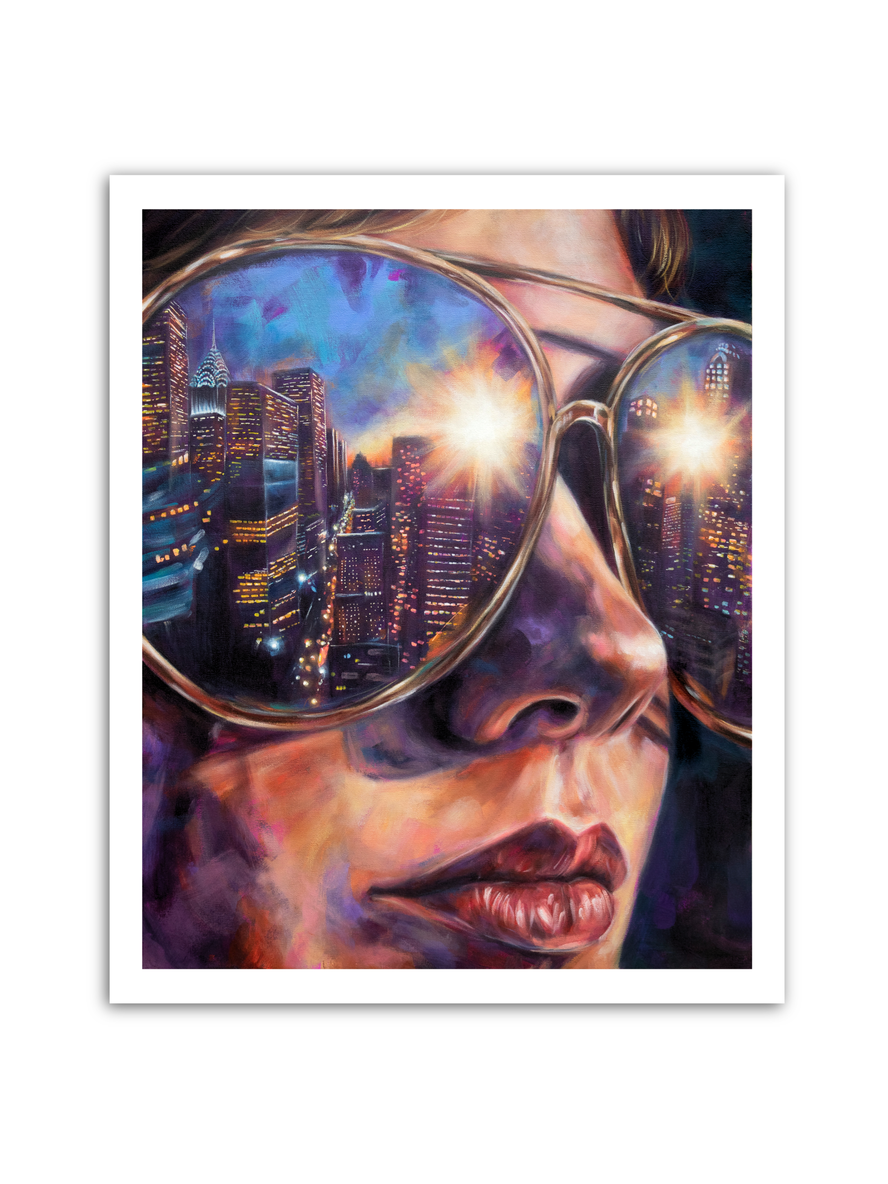 Painting by contemporary artist Alexiss Malolo. Painting of a woman wearing sunglasses with the city reflected in the lenses.