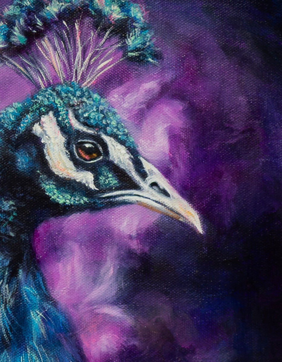Artistic depiction of a peacock with vibrant colors on a purple background