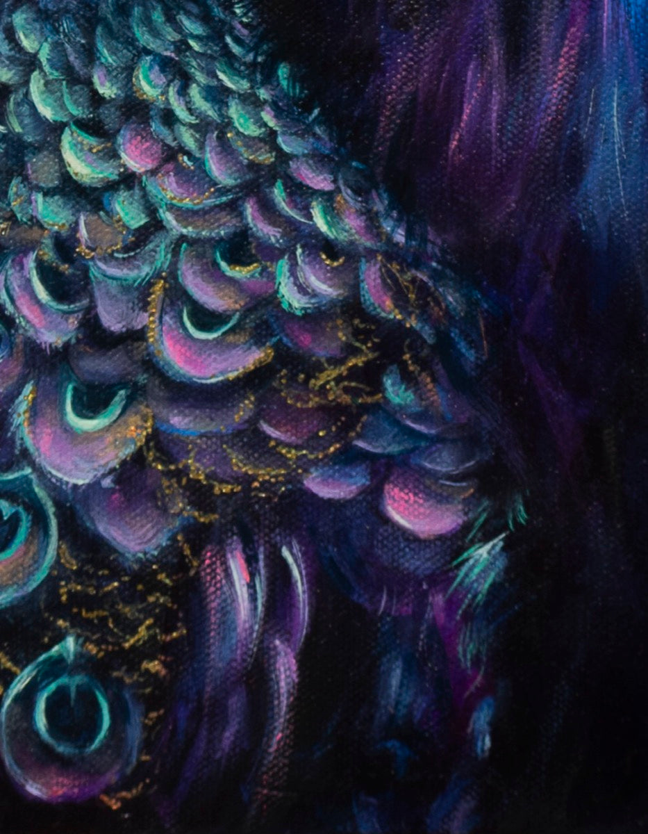 Close-up of a colorful peacock feather with intricate patterns