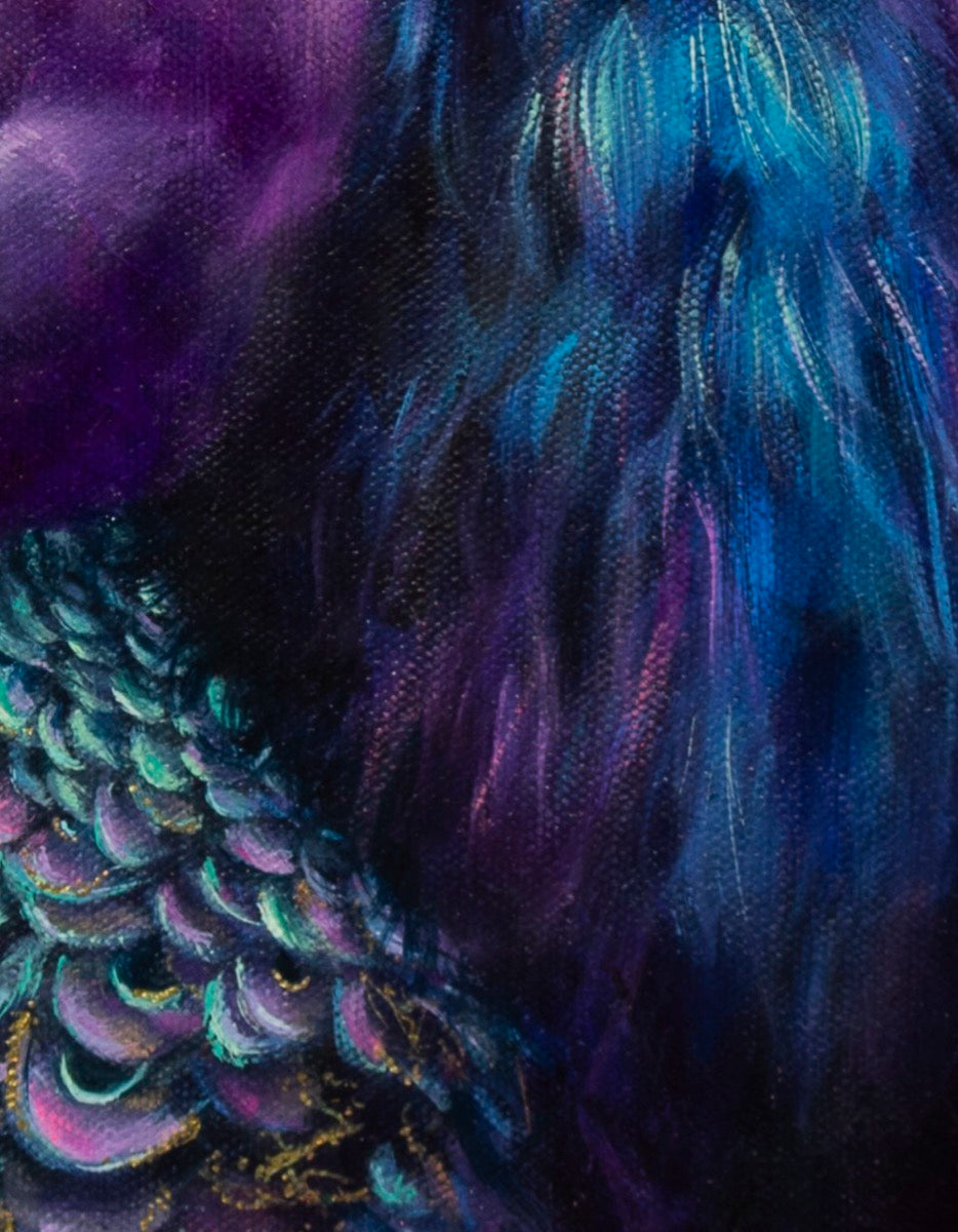 Close-up of textured peacock with purple, blue, and green colors