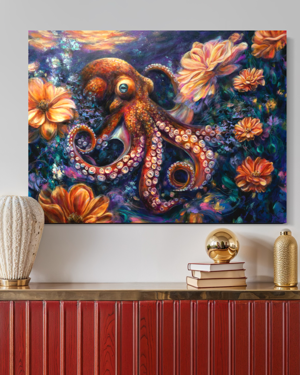 Colorful painting of an octopus among flowers on a wall above a red cabinet with decorative items.