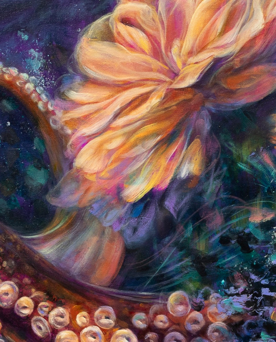 Colorful abstract painting of an octopus and a flower