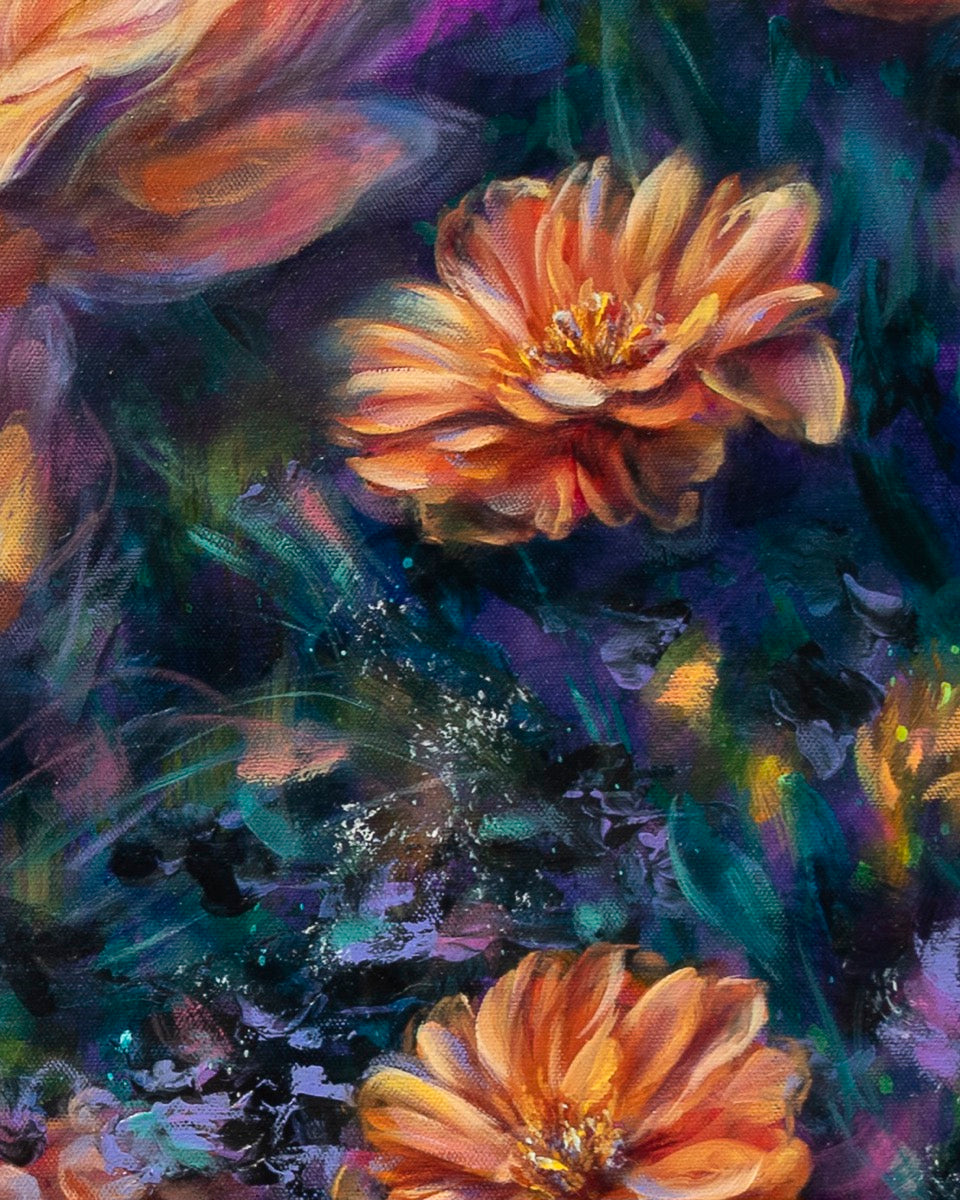 Colorful floral painting with orange flowers on a dark background
