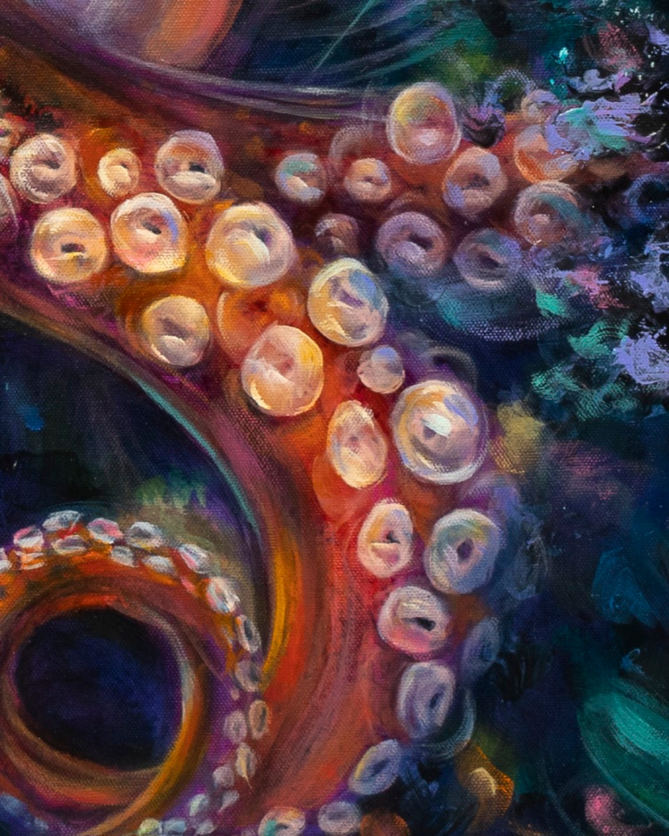 Colorful abstract painting of an octopus tentacle with swirling patterns.