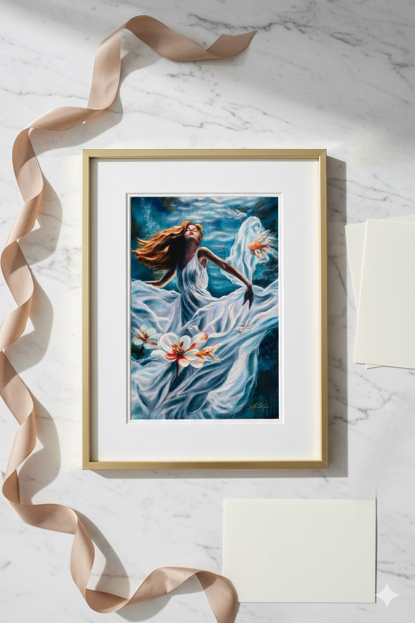 Framed artwork of a woman in a white dress with flowers on a marble surface.