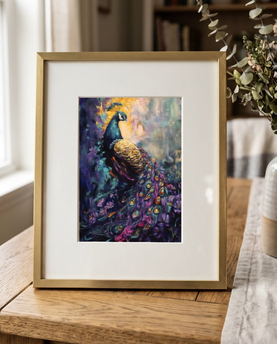 Framed painting of a peacock on a wooden surface with a blurred background