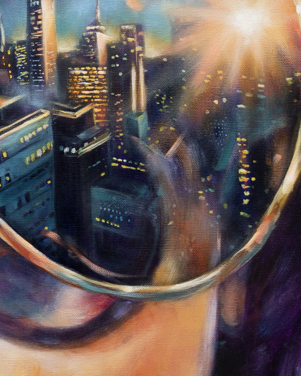 Painting by contemporary artist Alexiss Malolo. Painting of a woman wearing sunglasses with the city reflected in the lenses.