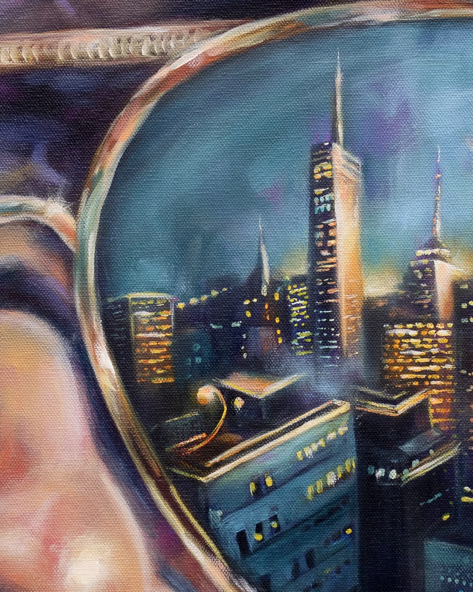 Painting by contemporary artist Alexiss Malolo. Painting of a woman wearing sunglasses with the city reflected in the lenses.