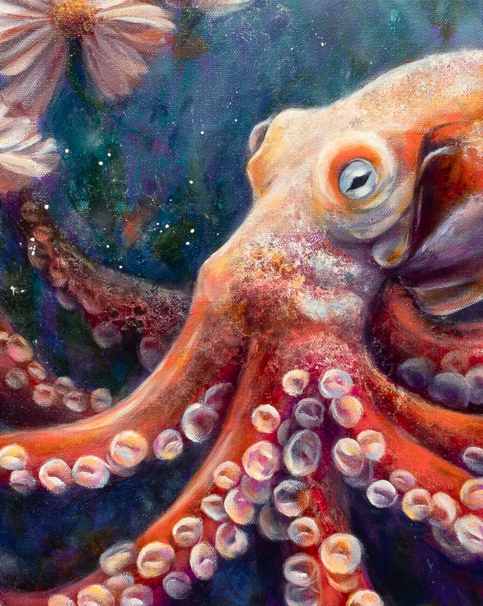 Close-up of a detailed octopus illustration with a colorful background