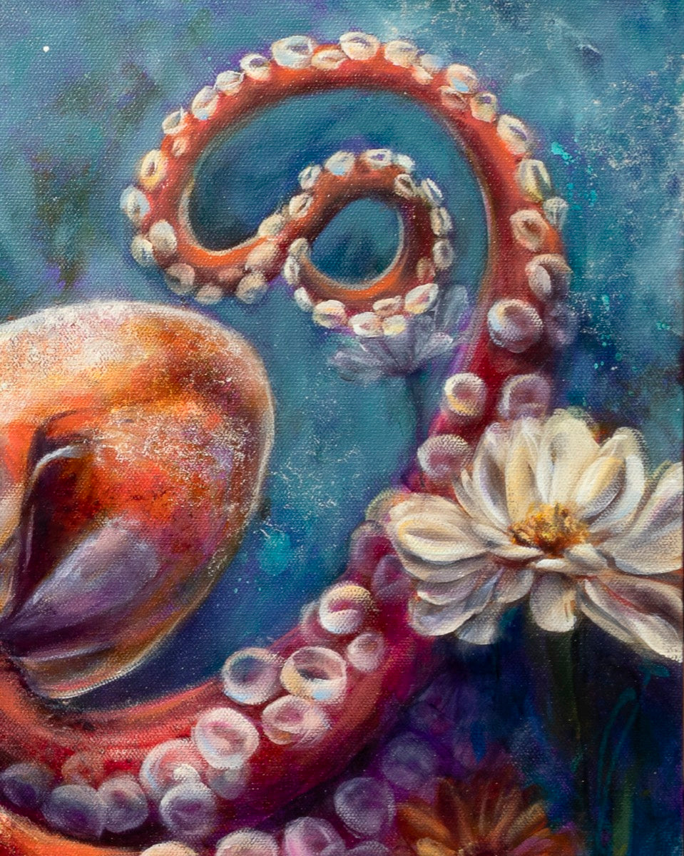 Artistic depiction of an octopus tentacle with a shell and flower on a blue background