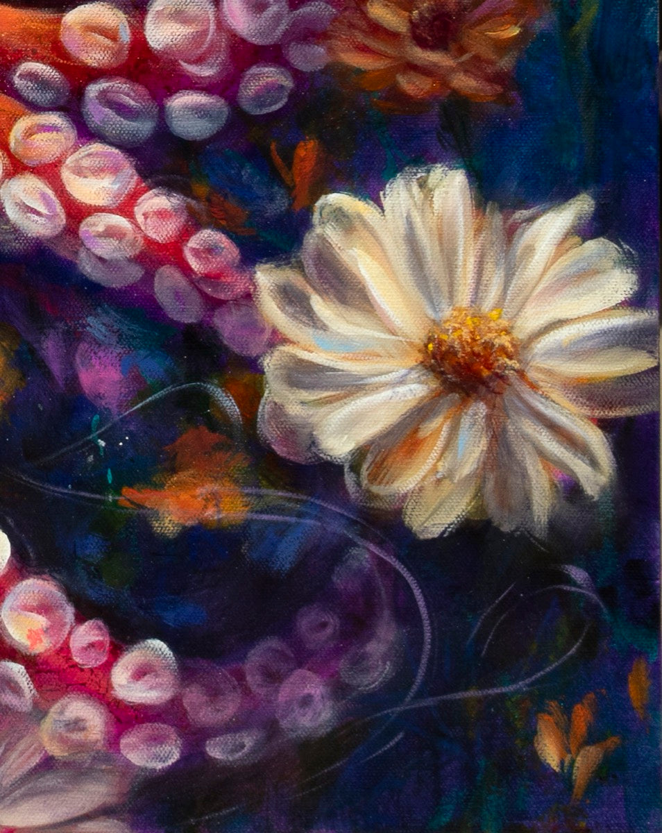 Artistic depiction of a white flower with a goldfish in a pond