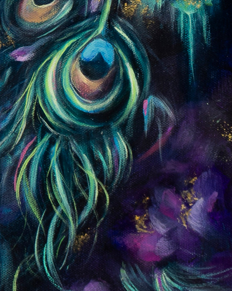 Colorful abstract painting with peacock feather-like design on a dark background