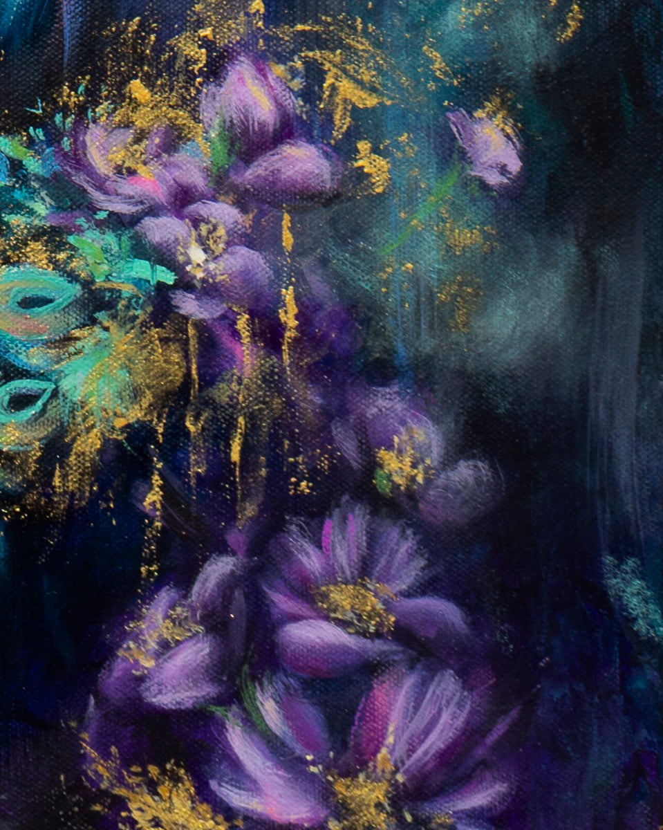 Artistic depiction of purple flowers with gold accents on a dark background