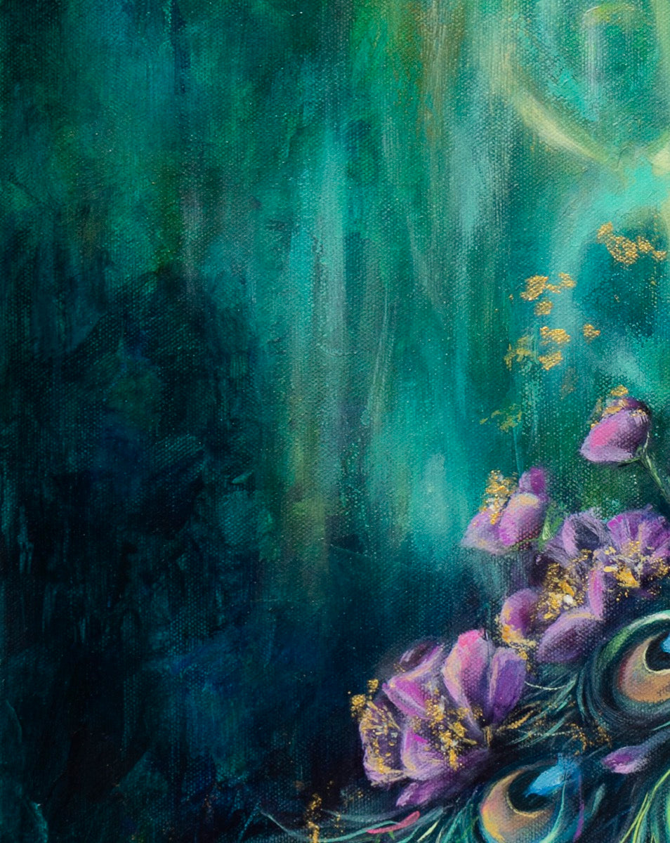 Artistic depiction of purple flowers and a peacock feather against a teal and green background.