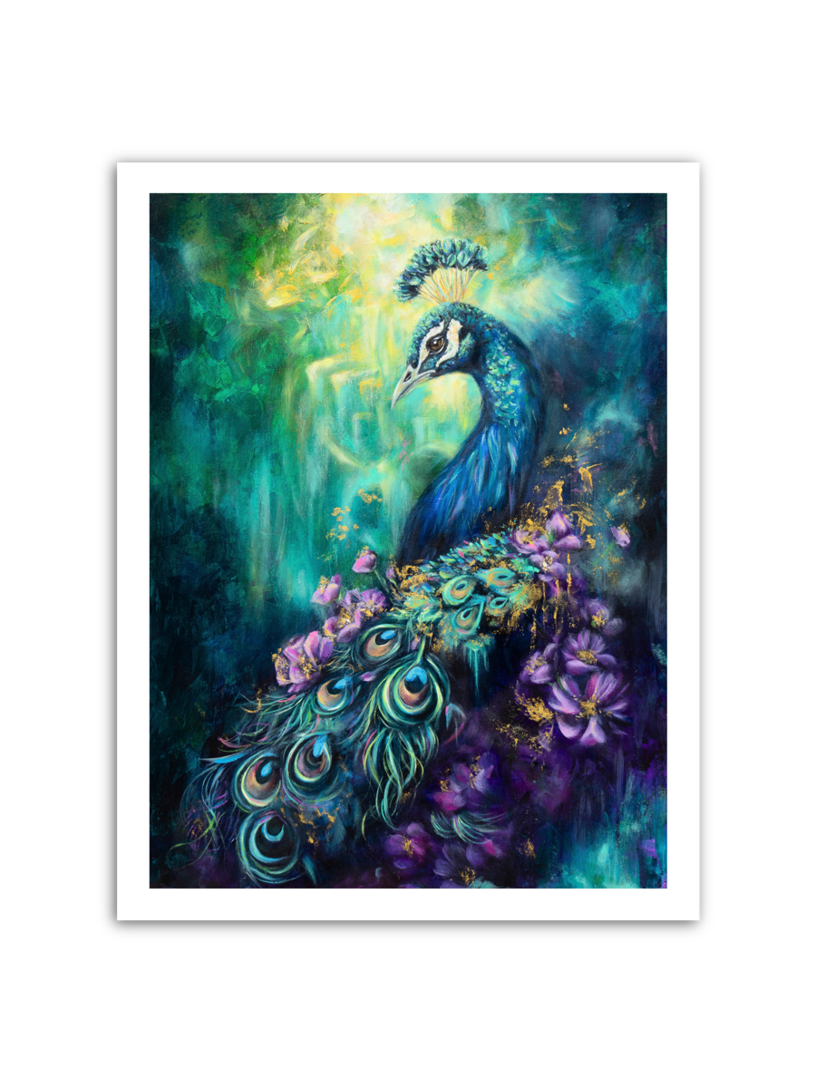 Framed artwork of a peacock with vibrant colors on a white background