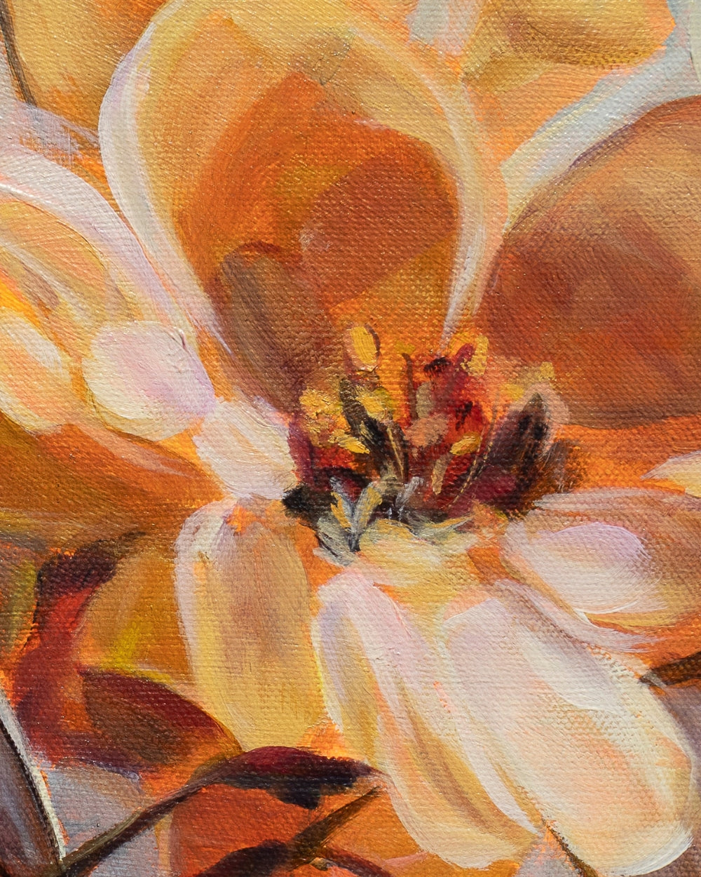 Close-up oil painting of a warm-toned flower with broad brushstrokes in orange, yellow, cream, and brown, with a dark textured center, from the painting A Passing Fancy by Alexiss Malolo.