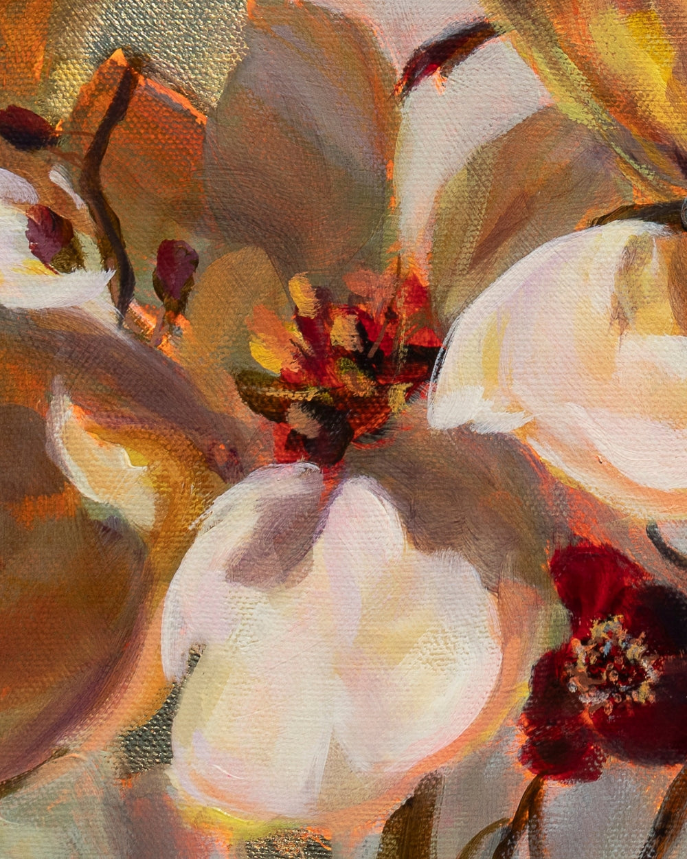 An abstract floral painting on canvas featuring soft white blossoms, warm brown and gold background tones, and deep red accents, from the painting A Passing Fancy by Alexiss Malolo.