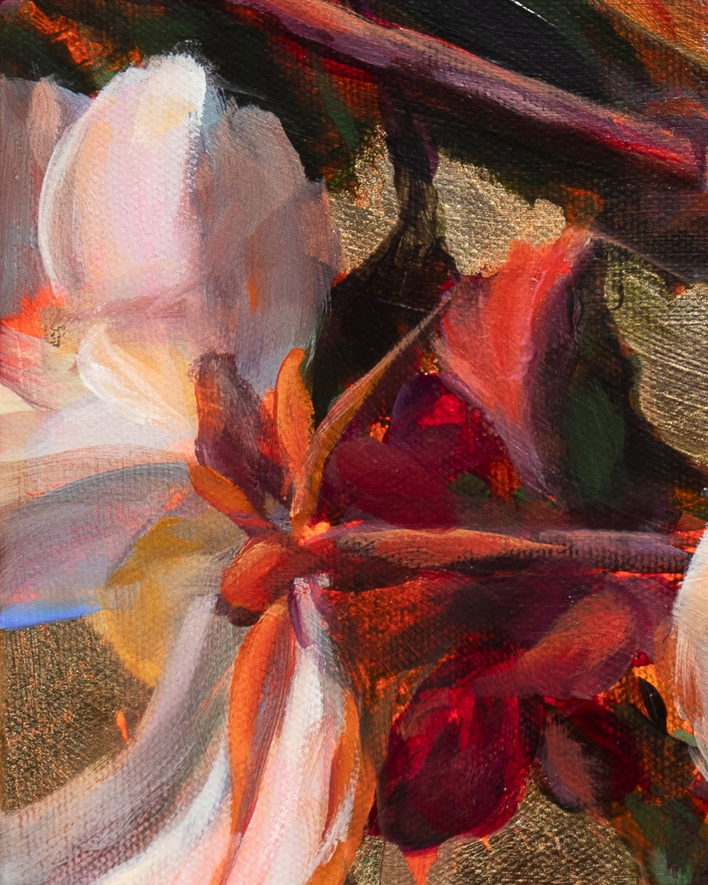 An abstract close-up painting of flowers with broad brushstrokes in white, red, orange, dark purple, and brown on a textured neutral background.