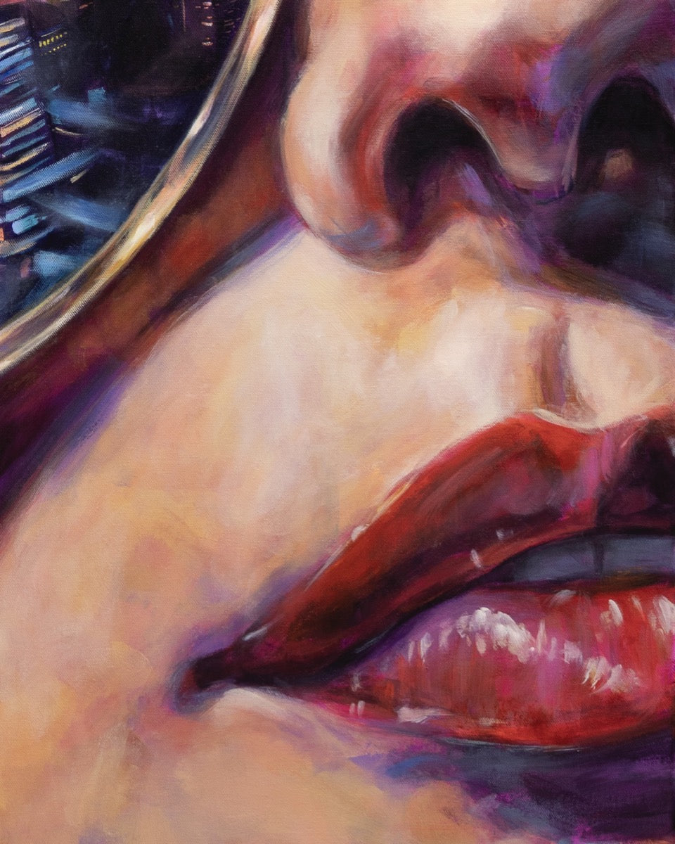 Painting by contemporary artist  Alexiss Malolo. Painting is of a woman in sunglasses with the city reflected. 
