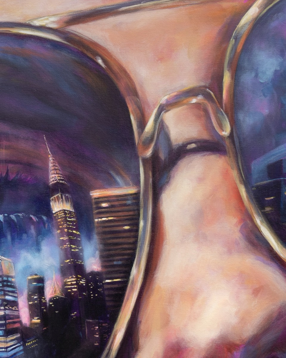 Painting by contemporary artist  Alexiss Malolo. Painting is of a woman in sunglasses with the city reflected. 