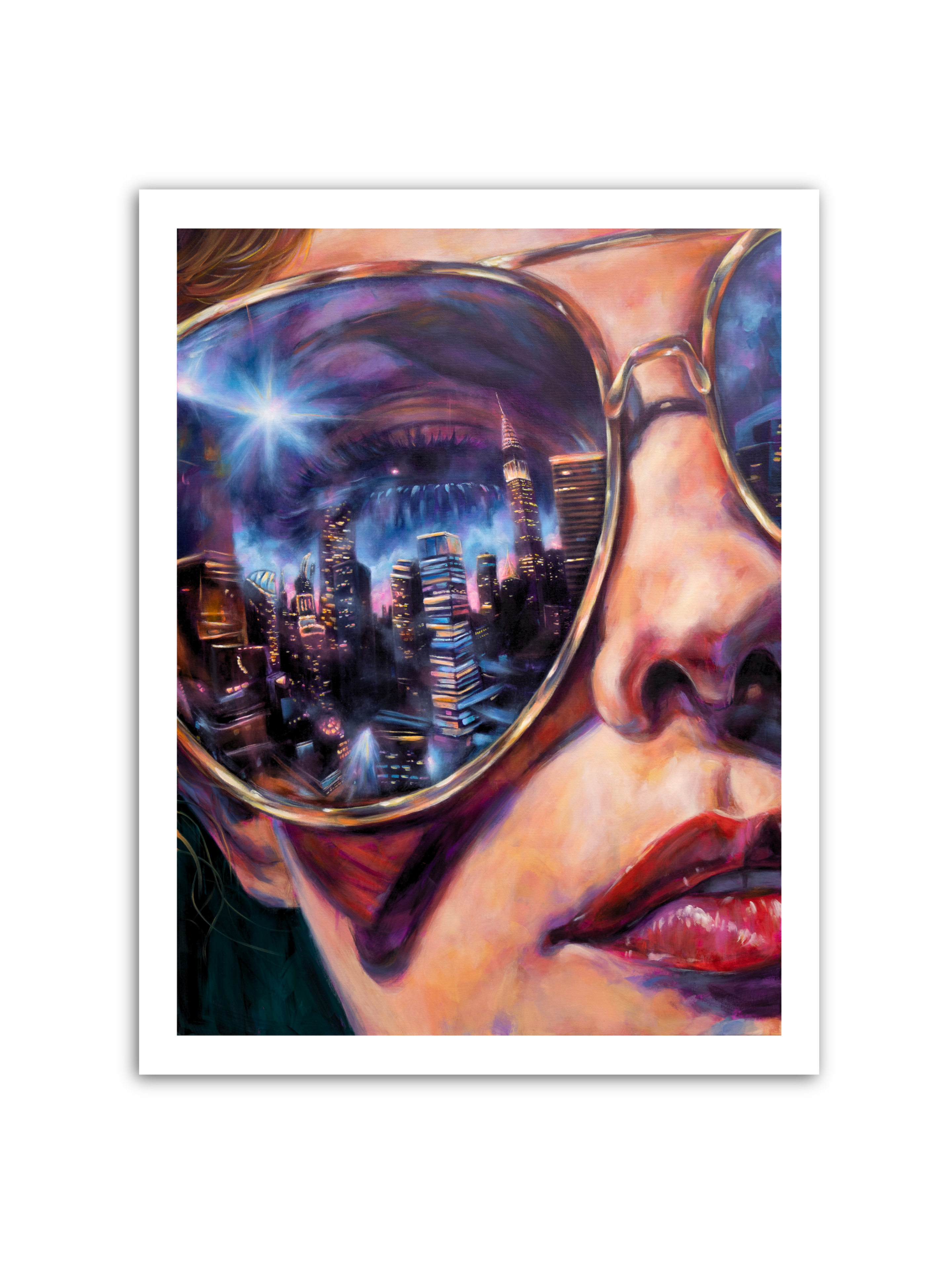 Painting by contemporary artist Alexiss Malolo. Painting of a woman wearing sunglasses with the city reflected in the lenses.