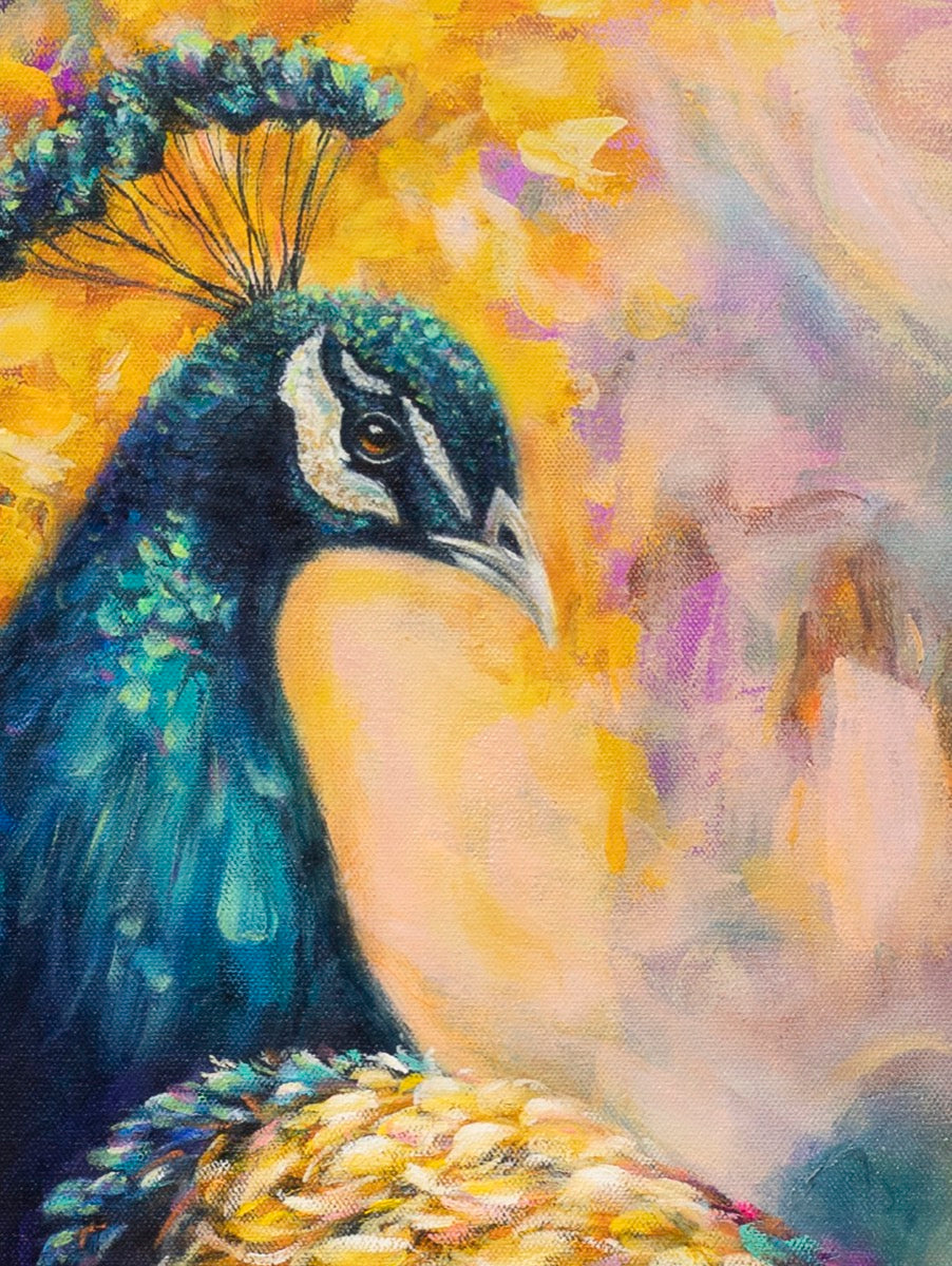 Artistic depiction of a peacock with a colorful background