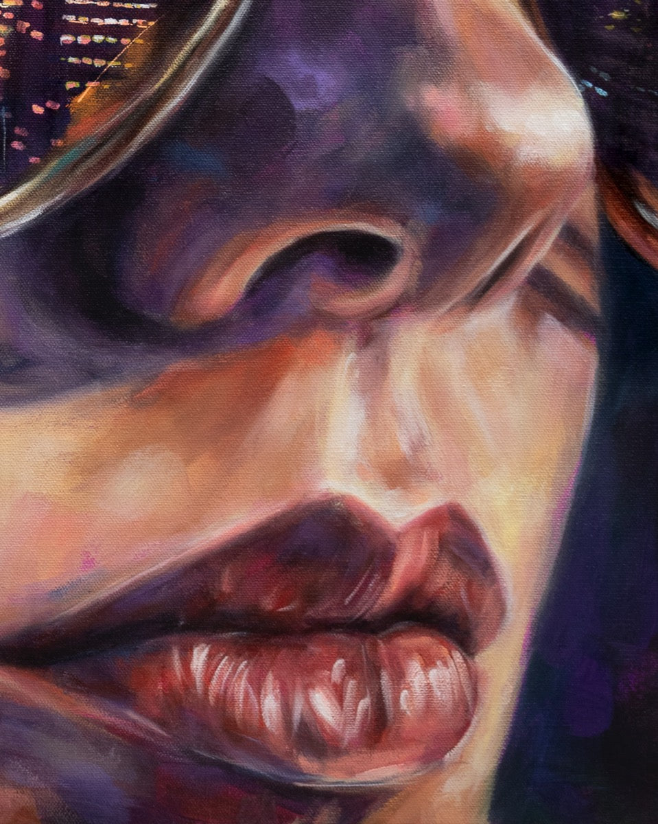 Painting by contemporary artist Alexiss Malolo. Painting is of a woman wearing sunglasses with the city reflected. 
