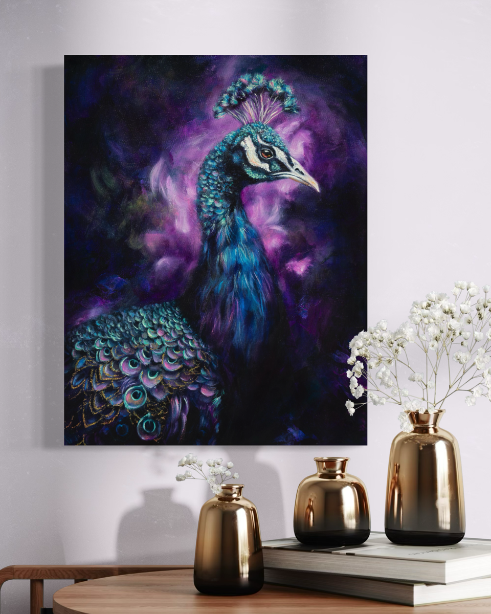 Colorful peacock painting on a wall above a table with decorative vases.