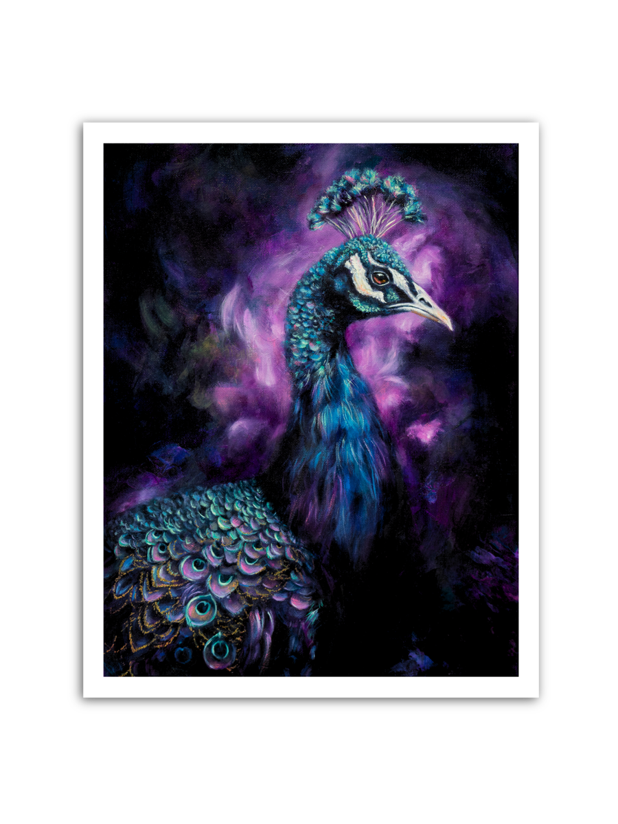 Artistic depiction of a peacock with vibrant colors on a dark background