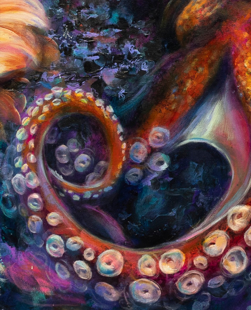 Colorful abstract painting with swirling patterns and circular shapes of an octopus tentacle