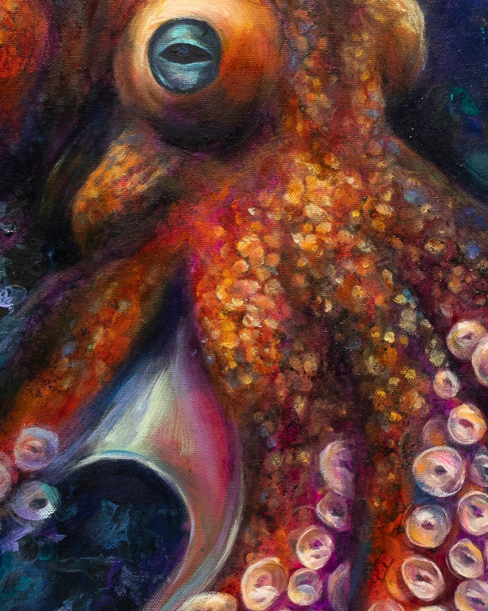 Close-up of an octopus with vibrant colors and detailed texture.