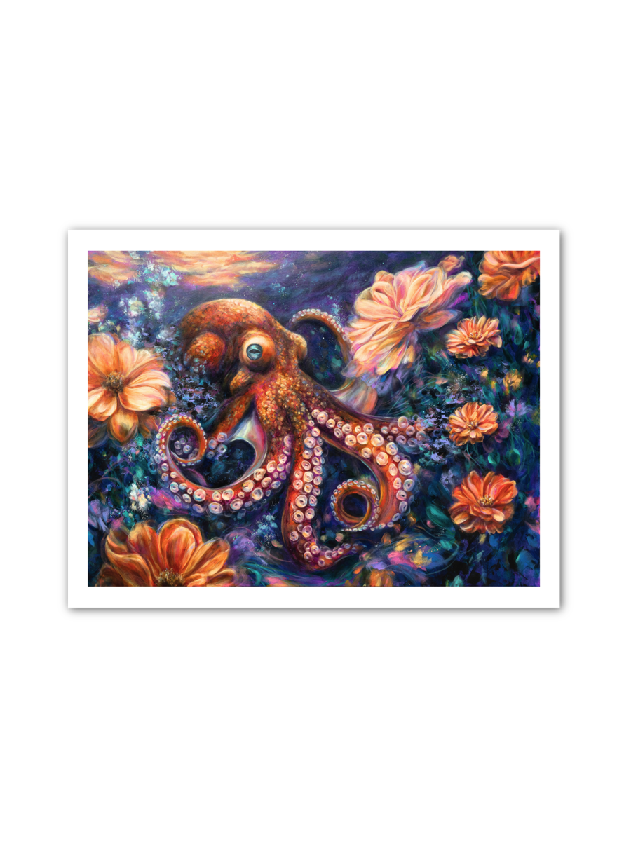 Colorful painting of an octopus among flowers on a white background