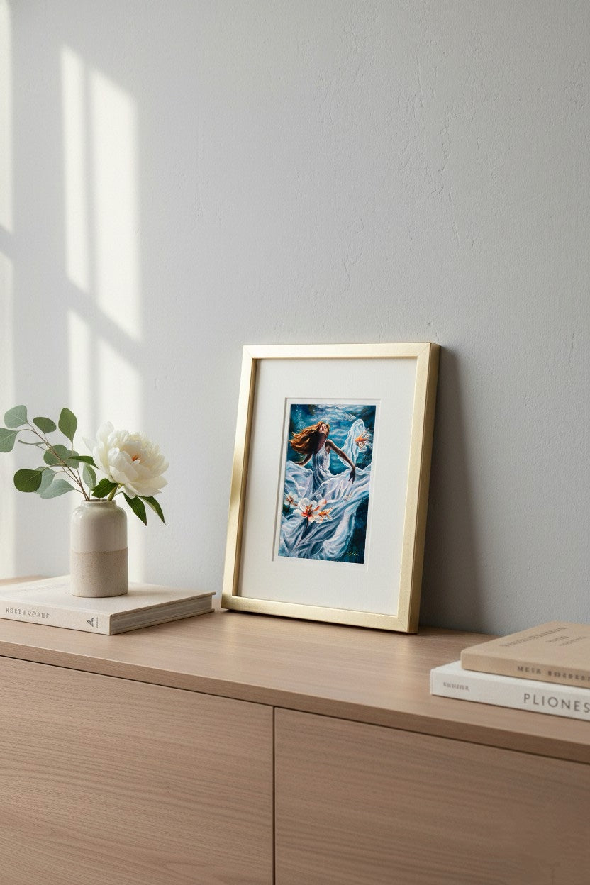 Framed artwork on a wooden surface with a vase and books in the background
