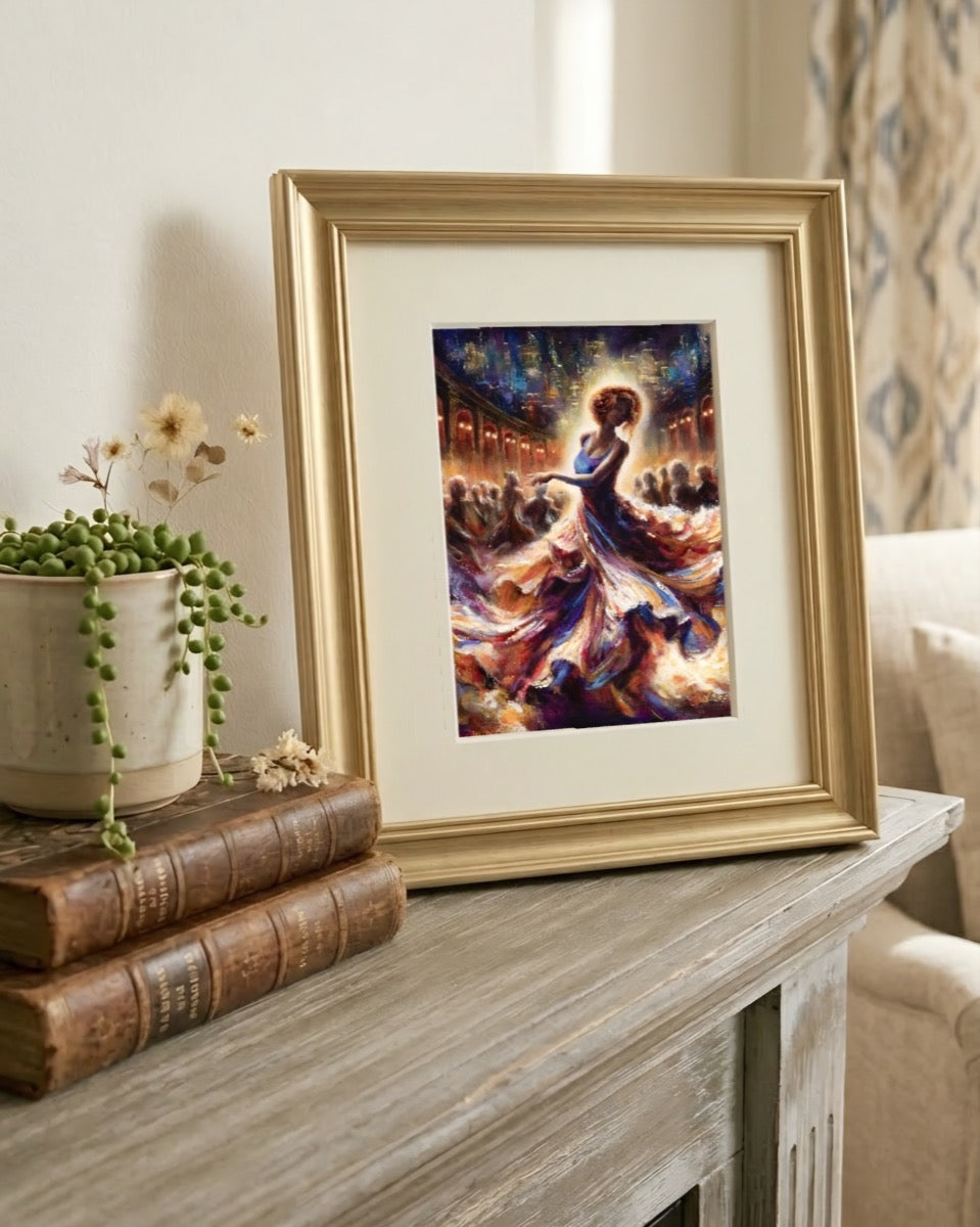 Framed artwork of a woman in a dress on a wooden surface with books and a plant.