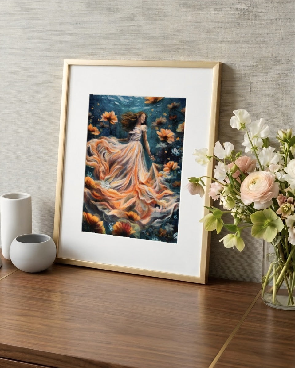 Framed artwork of a woman in a flowing dress with flowers on a wooden surface.
