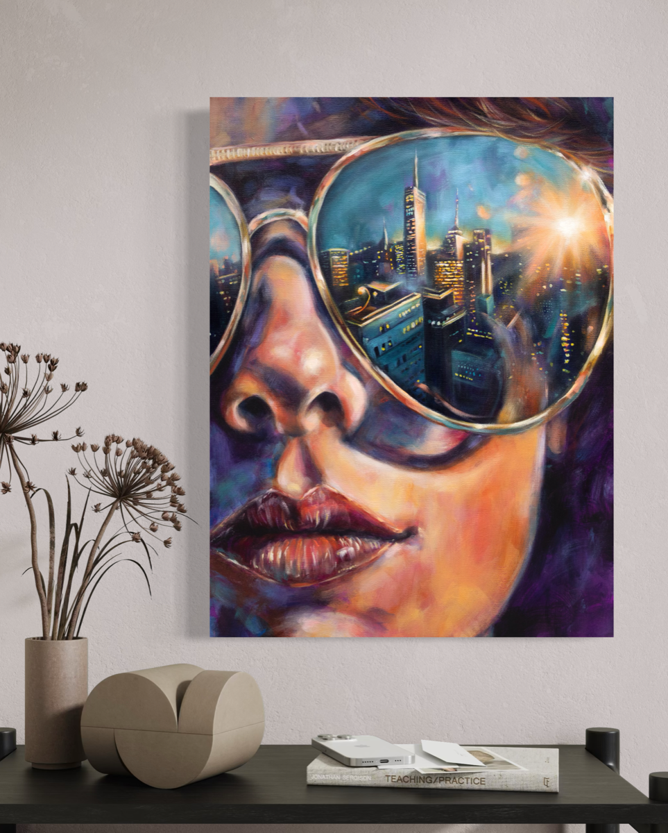 Painting by contemporary artist Alexiss Malolo. Painting of a woman wearing sunglasses with the city reflected in the lenses.