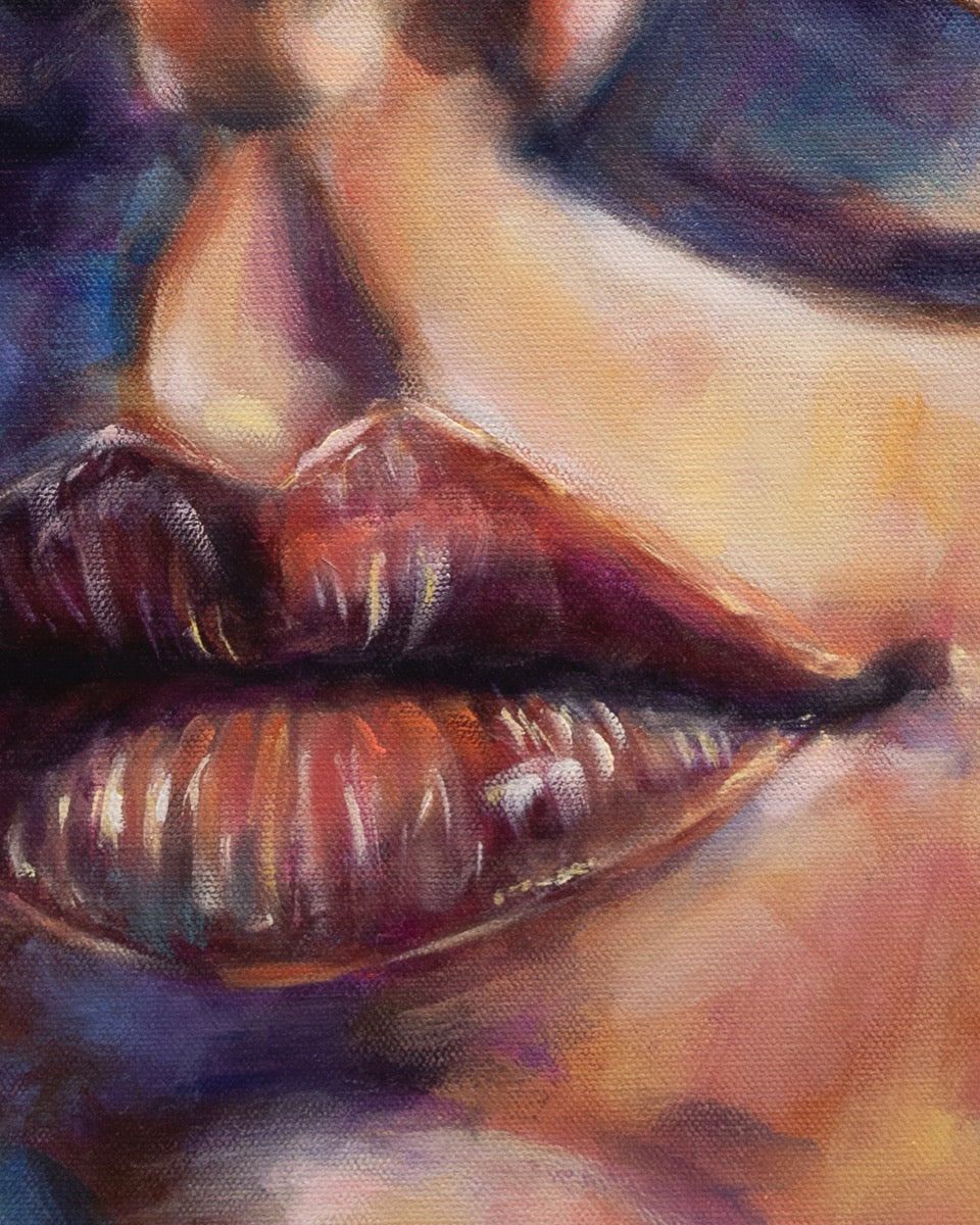 Painting by contemporary artist Alexiss Malolo. Painting of a woman wearing sunglasses with the city reflected in the lenses.