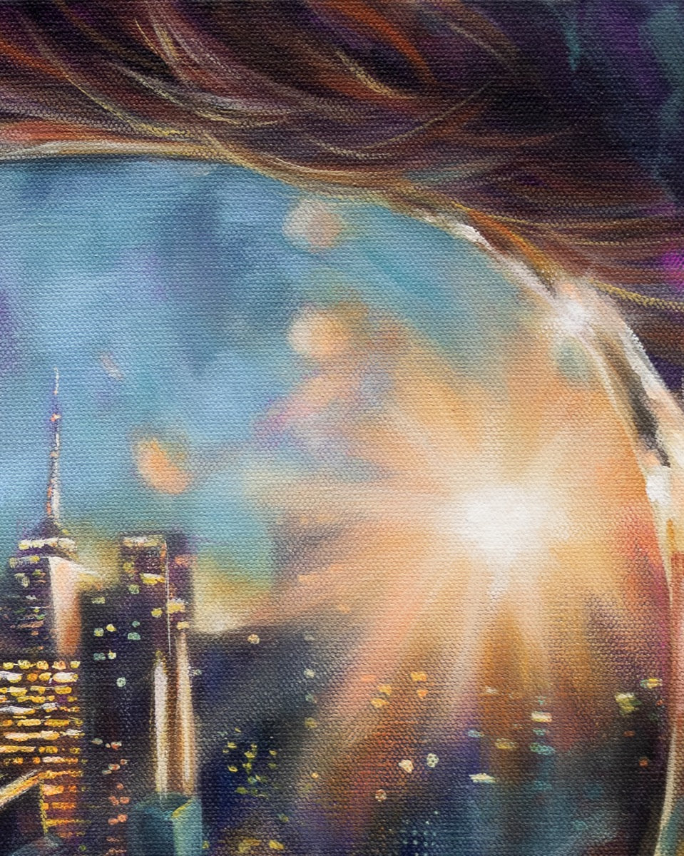 Painting by contemporary artist Alexiss Malolo. Painting of a woman wearing sunglasses with the city reflected in the lenses.