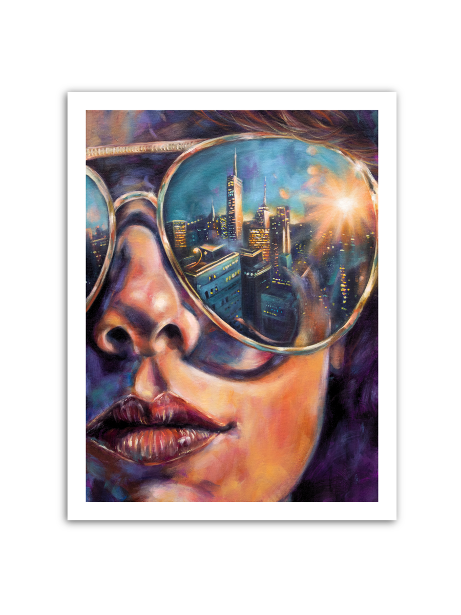 Painting by contemporary artist Alexiss Malolo. Painting of a woman wearing sunglasses with the city reflected in the lenses.